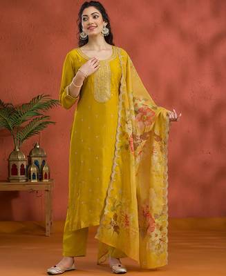 new yellow vichitra silk based long suit for women summer wear 1