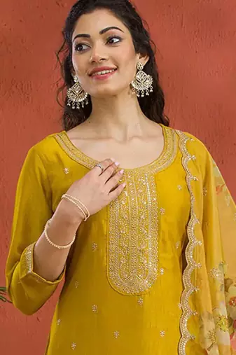 new yellow vichitra silk based long suit for women summer wear