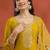 new yellow vichitra silk based long suit for women summer wear