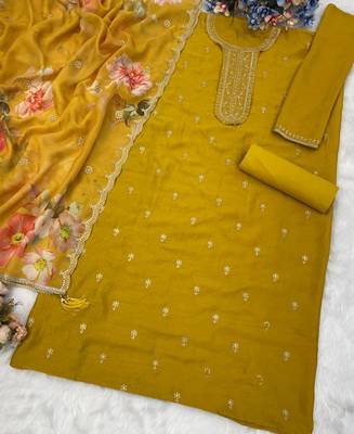 new yellow vichitra silk based long suit for women summer wear 3