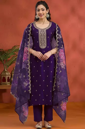 new purple vichitra silk based long suit for women summer wear