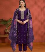 new purple vichitra silk based long suit for women summer wear