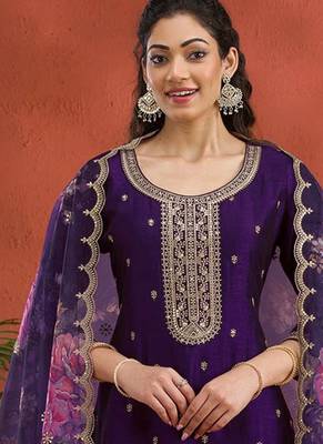 new purple vichitra silk based long suit for women summer wear 2