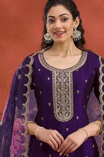 new purple vichitra silk based long suit for women summer wear