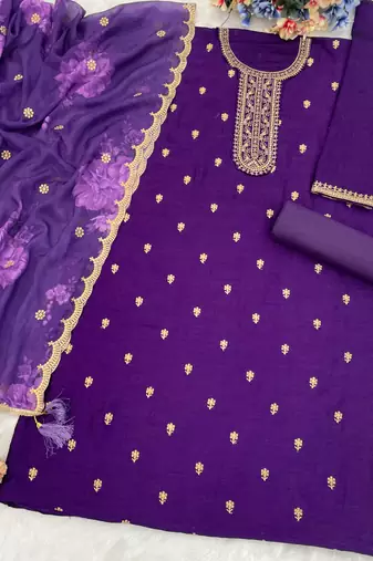new purple vichitra silk based long suit for women summer wear