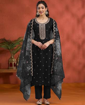 new black vichitra silk based long suit for women summer wear 1