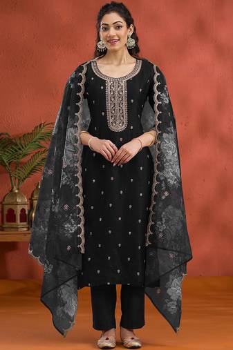 new black vichitra silk based long suit for women summer wear