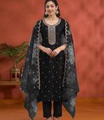 new black vichitra silk based long suit for women summer wear