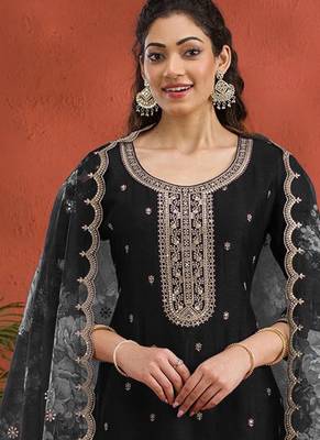 new black vichitra silk based long suit for women summer wear 2