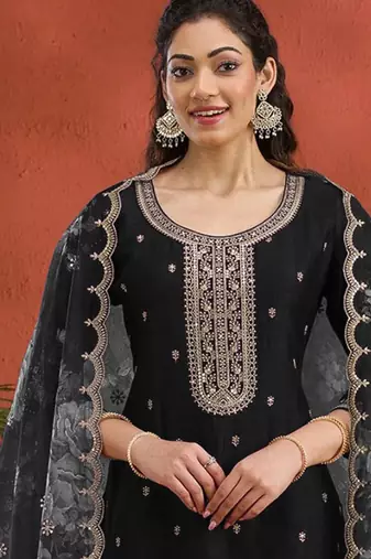 new black vichitra silk based long suit for women summer wear