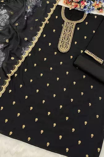 new black vichitra silk based long suit for women summer wear