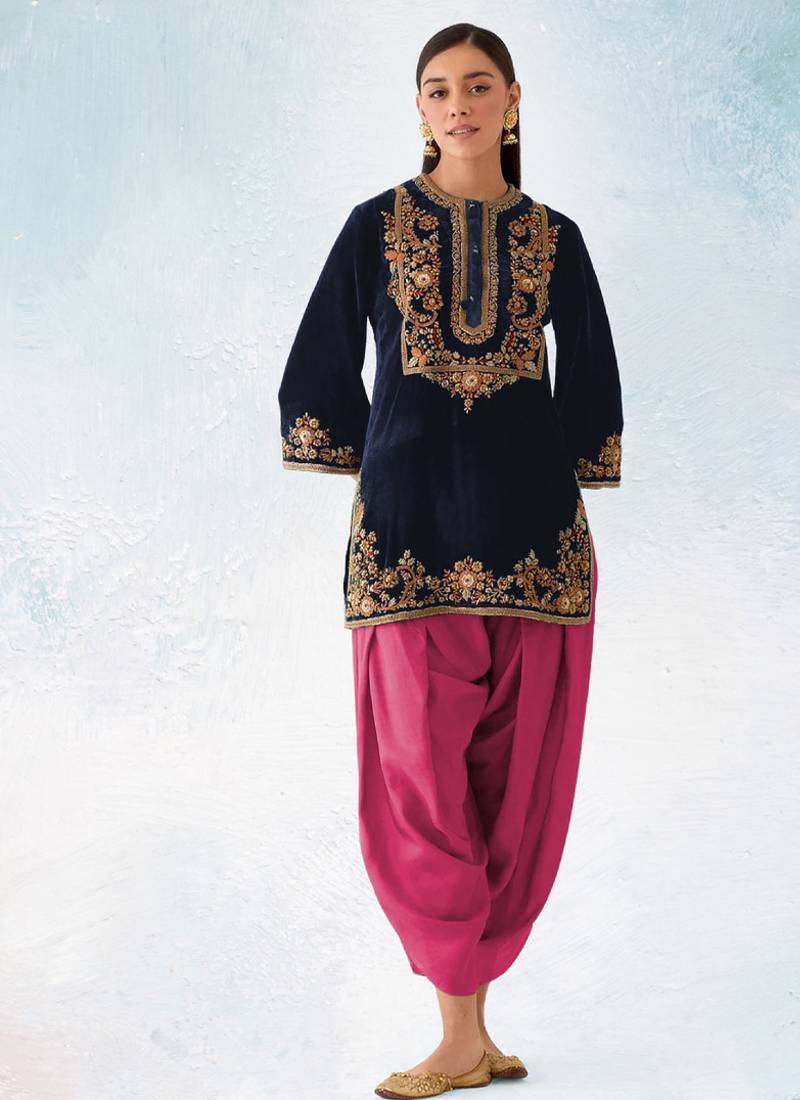 blue velvet patiala suit for women with ombre dupatta