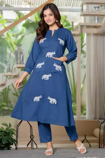 Women Ethnic Embroidery  Cotton Kurta with Trouser