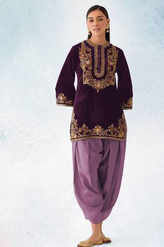 purple velvet patiala suit for women with ombre dupatta