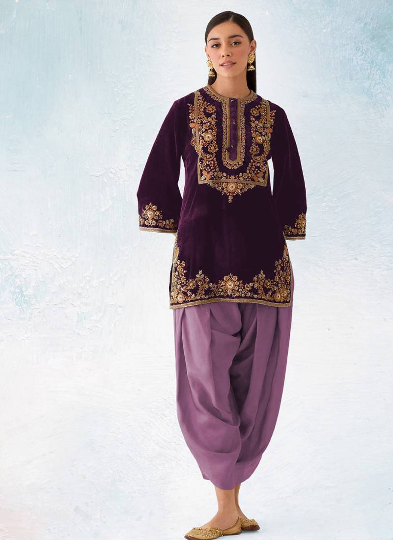 purple velvet patiala suit for women with ombre dupatta