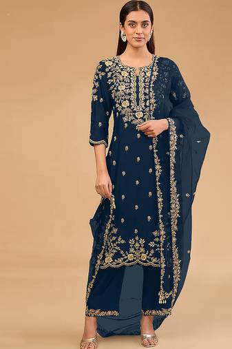 simple and sober teal vichitra silk suit for women
