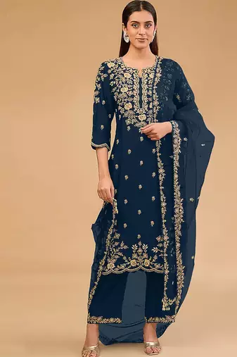 simple and sober teal vichitra silk suit for women