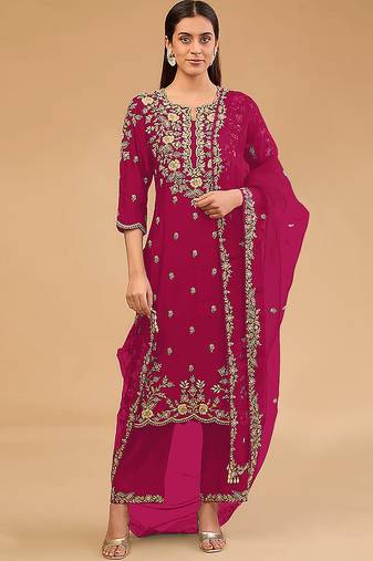 simple and sober pink vichitra silk suit for women