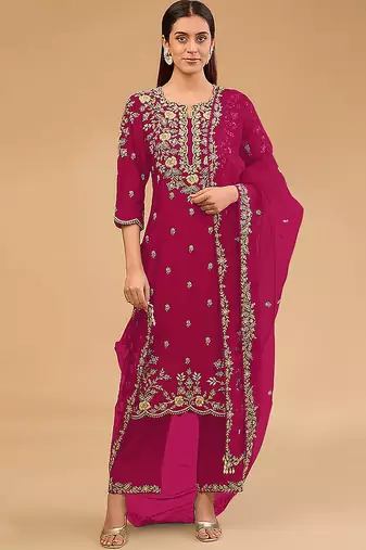 simple and sober pink vichitra silk suit for women
