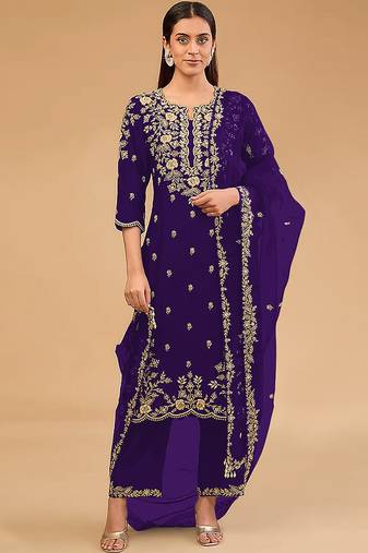 simple and sober purple vichitra silk suit for women