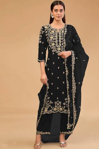 simple and sober black vichitra silk suit for women