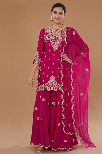pink vichitra silk based designer palazzo suit for women