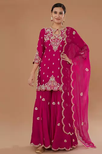 pink vichitra silk based designer palazzo suit for women