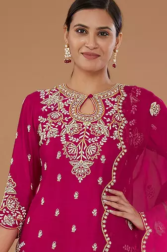 pink vichitra silk based  palazzo suit for women