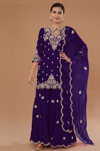 purple vichitra silk based designer palazzo suit for women
