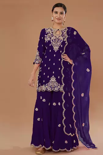 purple vichitra silk based designer palazzo suit for women