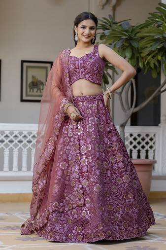 Art Silk Sequin Embroidery Work Lehenga Choli Dupatta Set SemiStitch