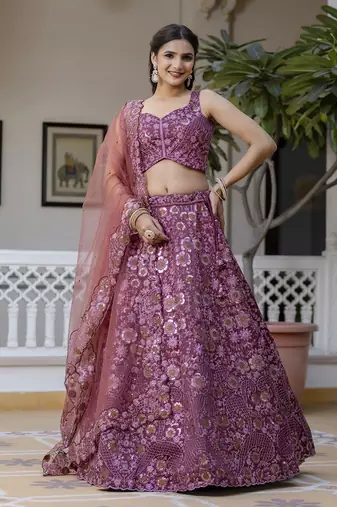 Art Silk Sequin Embroidery Work Lehenga Choli Dupatta Set SemiStitch
