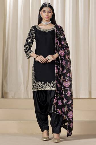 Black glass work roman silk unstitched straight cut santool suit set