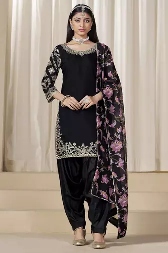 Black glass work roman silk unstitched straight cut santool suit set