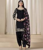 Black glass work roman silk unstitched straight cut santool suit set