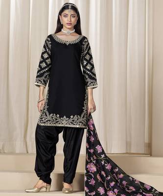 black glass work roman silk unstitched straight cut santool suit set 2