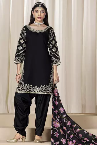 black glass work roman silk unstitched straight cut santool suit set