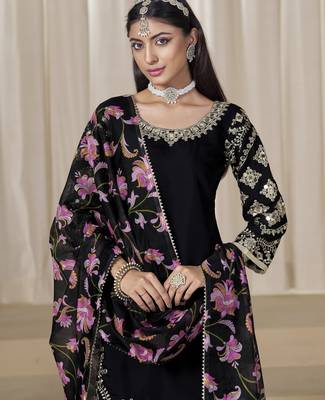black glass work roman silk unstitched straight cut santool suit set 3