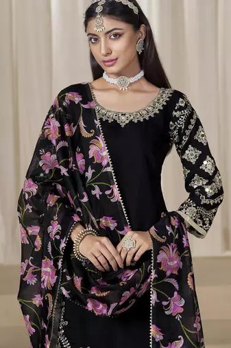 black glass work roman silk unstitched straight cut santool suit set