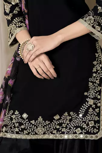 black glass work roman silk unstitched straight cut santool suit set