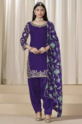 Purple glass work roman silk unstitched straight cut santool suit set