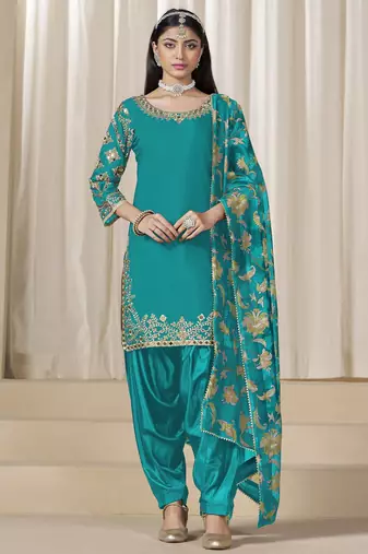 Teal blue glass work roman silk unstitched straight cut santool suit set