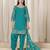 Teal blue glass work roman silk unstitched straight cut santool suit set