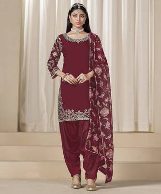 Maroon glass work roman silk unstitched straight cut santool suit set 1