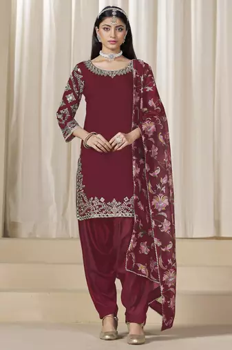Maroon glass work roman silk unstitched straight cut santool suit set