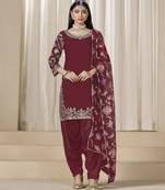 Maroon glass work roman silk unstitched straight cut santool suit set
