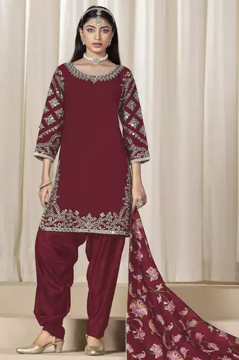 Maroon glass work roman silk unstitched straight cut santool suit set