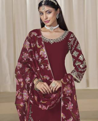 Maroon glass work roman silk unstitched straight cut santool suit set 3
