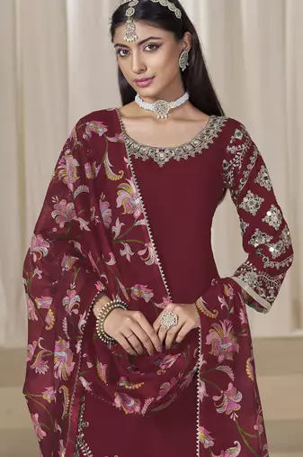 Maroon glass work roman silk unstitched straight cut santool suit set