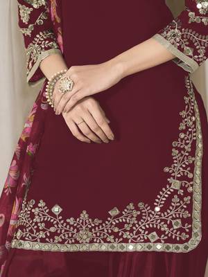 Maroon glass work roman silk unstitched straight cut santool suit set 4